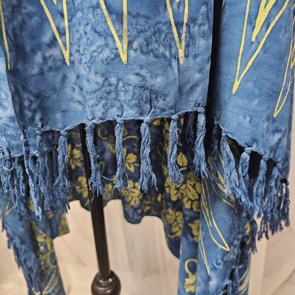Two Cranes Blue Green Floral Fringed Batik Boho Rectangular Scarf Shawl Wrap - Picture 8 of 13